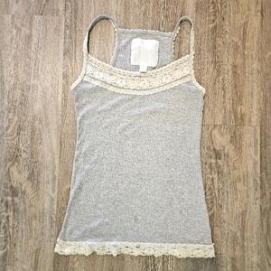 Womens Lace Trim Cami Tank Top Gray w/ Cream Lace Trim Square Neck Romantic Y2K